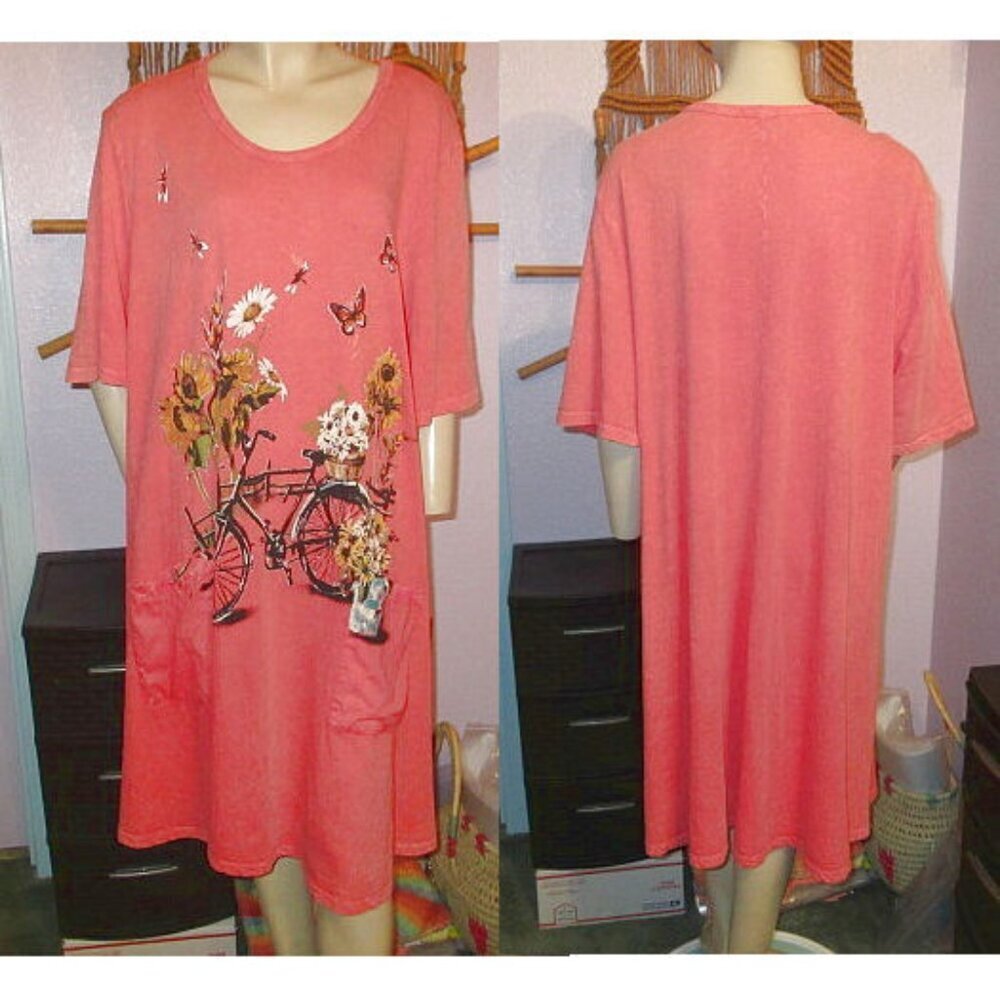 Jess & Jane Sun Flower Shift Dress Womens 2X Pockets Cotton Butterfly Bicycle